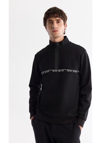 Erkek Siyah Dik Yaka Fermuarlı Baskılı Pamuklu Sweatshirt A42Y1367