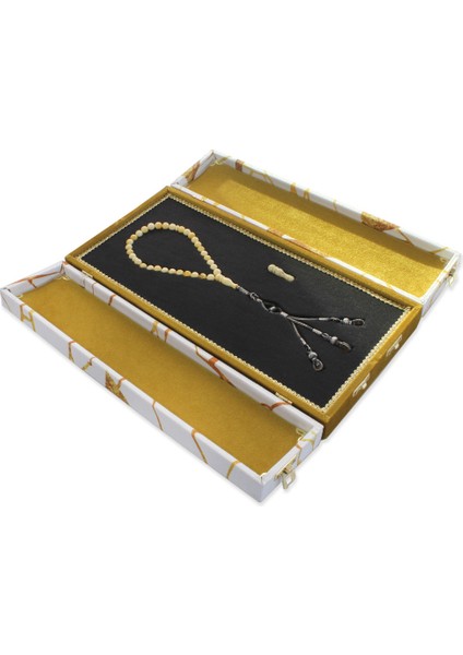 1000 Ayar Kazaz Püsküllü Küre Kesim King Seccer Beyaz-Sarı Hareli Damla Kehribar Tesbih