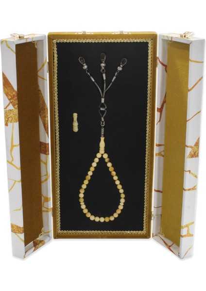 1000 Ayar Kazaz Püsküllü Küre Kesim King Seccer Beyaz-Sarı Hareli Damla Kehribar Tesbih fiyatları