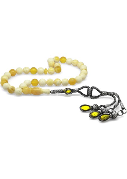 1000 Ayar Kazaz Püsküllü Küre Kesim King Seccer Beyaz-Sarı Hareli Damla Kehribar Tesbih fırsatları