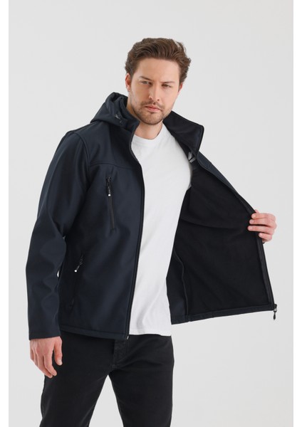 Çıkartılabilen Fermuarlı Kapüşon Içi Polarlı Su Geçirmez Softshell Erkek Mont Lacivert
