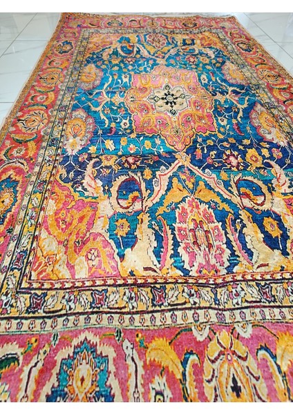 Halı Turuncu Mavi, Vintage Desenli Yıkanabilir Kaymaz Salon Halısı, Dekoratif Kilim, Halı