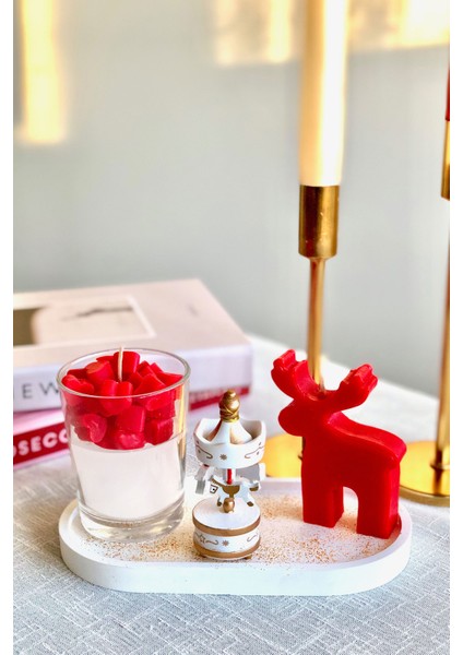 Yeni Yıl 4 Lü Kokulu Yılbaşı Seti Aromaterapi Atlı Karınca, Taş Tepsi, Cam Bardak, Geyik