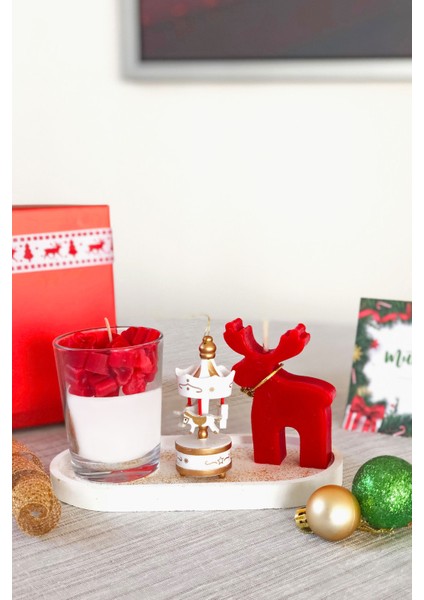 Yeni Yıl 4 Lü Kokulu Yılbaşı Seti Aromaterapi Atlı Karınca, Taş Tepsi, Cam Bardak, Geyik modelleri