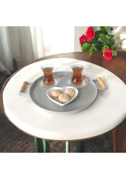 Tepsi -Ahşap Kulplu Metal Çay Tepsisi Kahve Tepsisi 30 cm Sunum Kahvaltı Tepsisi