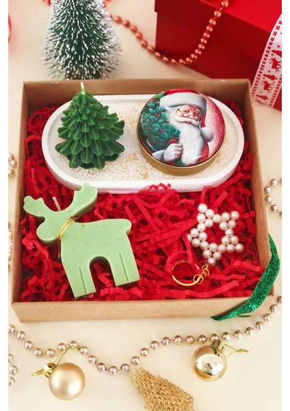 Yeni Yıl 5 Li Kokulu Yılbaşı Seti Teneke Mum, Taş Tepsi, Geyik Mum, Çam Ağaç, Inci Anahtar