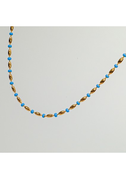 Çelik Kadın Kolye, Boncuklu, Gold Renk, NO:129