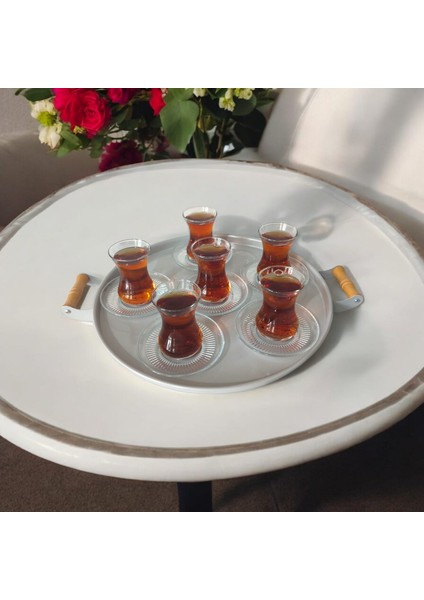 Tepsi Ahşap Kulplu Metal Çay Tepsisi Kahve Tepsisi Sunum Kahvaltı 37 cm Tepsi
