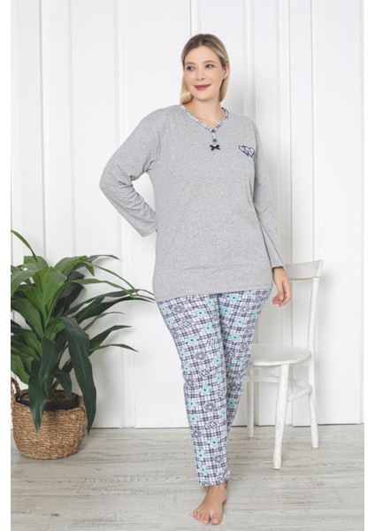 X-Dreamy Büyük Beden Pamuklu Desenli Uzun Kollu Pijama Takımı