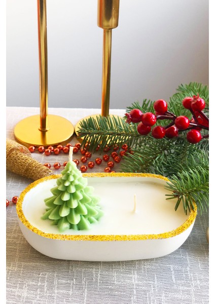 Yeni Yıl Yılbaşı Temalı Altın Sim Detaylı Taş Kasede Çam Ağacı Kokulu Soya Wa x