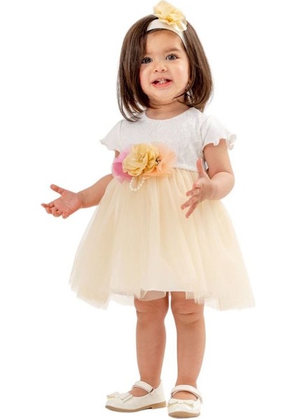 Kız Bebek Beyaz Bej Tüllü Çiçekli Bandanalı Elbise - 1014207