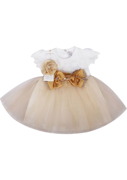 Kız Bebek Beyaz Bej Fiyonklu Çiçekli Bandanalı Elbise - 1014208