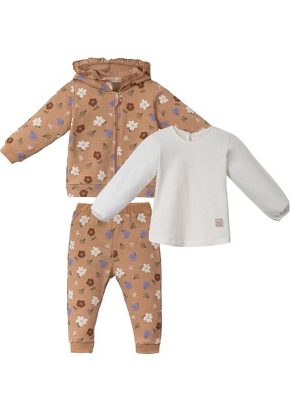 Kız Bebek Kahve Çiçek Desenli Fırfırlı Kapüşonlu 3'lü Set - 1014956