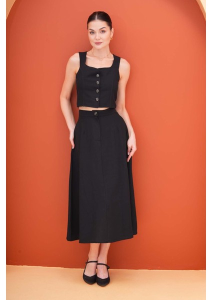 Önü Düğmeli Yelek Etek Takım