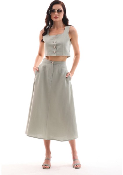 Önü Düğmeli Yelek Etek Takım