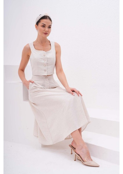 Önü Düğmeli Yelek Etek Takım