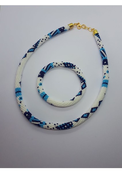 Hapishaneişi El Yapımı Mavi Beyaz Boncuk Kolye ve Bileklik 2'li Takı Seti