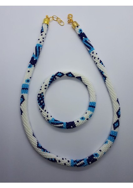 Hapishaneişi El Yapımı Mavi Beyaz Boncuk Kolye ve Bileklik 2'li Takı Seti fiyatları