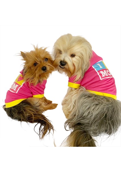 I Love Mom Pink, Oval Yaka Tişört Köpek Kıyafeti Köpek Elbisesi Anneler Günü