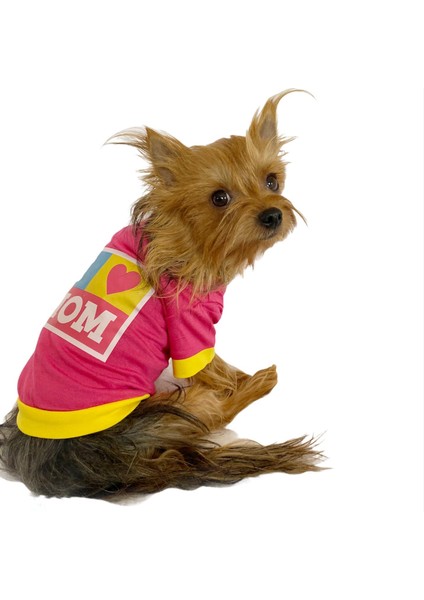 I Love Mom Pink, Oval Yaka Tişört Köpek Kıyafeti Köpek Elbisesi Anneler Günü modelleri