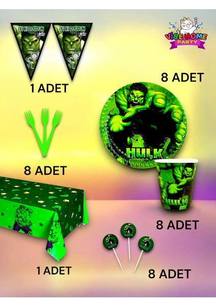 8 Kişilik Hulk Temalı Premium Set - Doğum Günü Parti ve Eğlenceli Etkinlikler