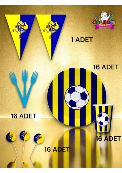 16 Kişilik Sarı Lacivert Taraftar Eko Set - Doğum Günü Parti ve Eğlenceli Etkinlikler