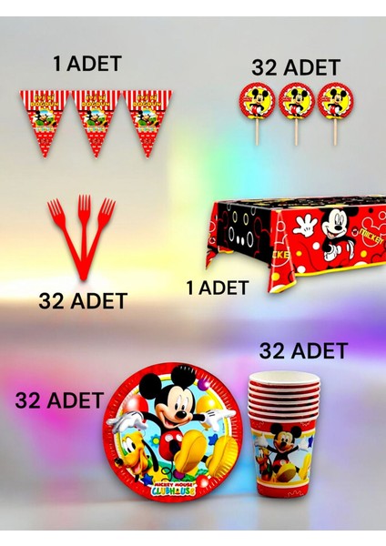 32 Kişilik Mickey Mouse Temalı Premium Set - Doğum Günü Parti ve Eğlenceli Etkinlikler