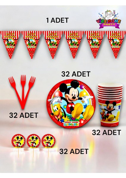 32 Kişilik Mickey Mouse Temalı Eko Set - Doğum Günü Parti ve Eğlenceli Etkinlikler