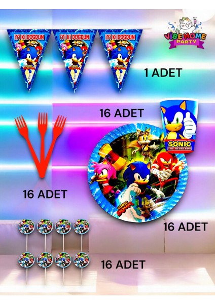 16 Kişilik Sonic Temalı Eko Set - Doğum Günü Parti ve Eğlenceli Etkinlikler