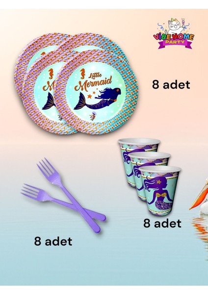 8 Kişilik Deniz Kızı Temalı Süper Eko Seti - Doğum Günü Parti ve Eğlenceli Etkinlikler Için