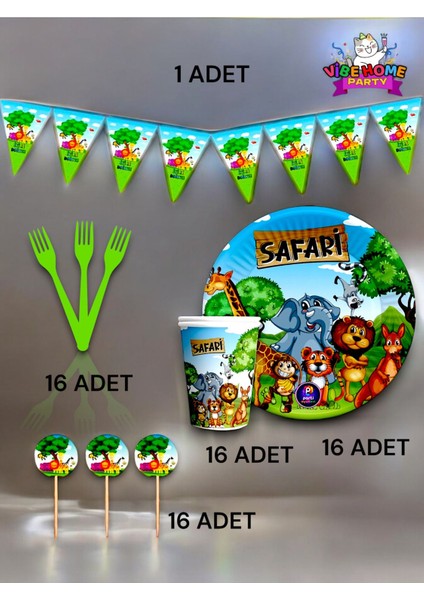 16 Kişilik Safari Temalı Eko Set - Doğum Günü Parti ve Eğlenceli Etkinlikler