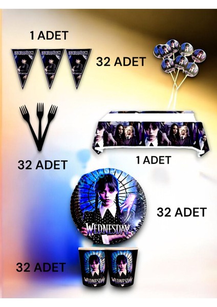 32 Kişilik Wednesday Temalı Premium Set - Doğum Günü Parti ve Eğlenceli Etkinlikler
