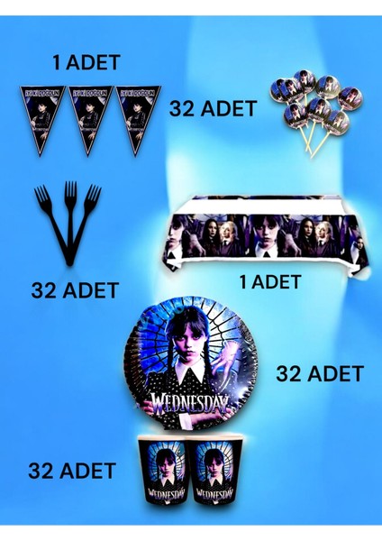 32 Kişilik Wednesday Temalı Premium Set - Doğum Günü Parti ve Eğlenceli Etkinlikler fiyatları