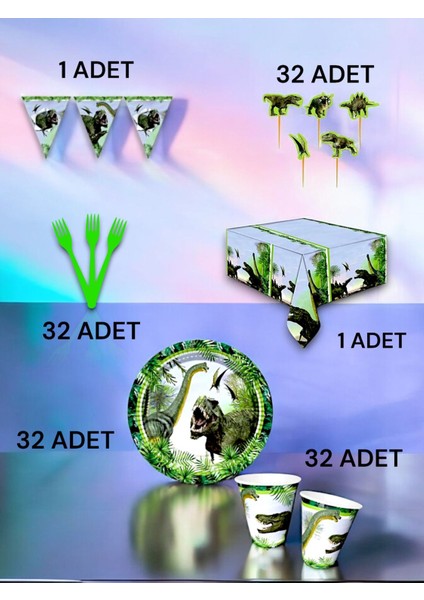 32 Kişilik Jurassic Temalı Premium Set - Doğum Günü Parti ve Eğlenceli Etkinlikler