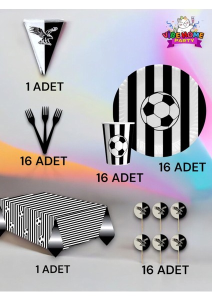 16 Kişilik Siyah Beyaz Taraftar Premium Set - Doğum Günü Parti ve Eğlenceli Etkinlikler