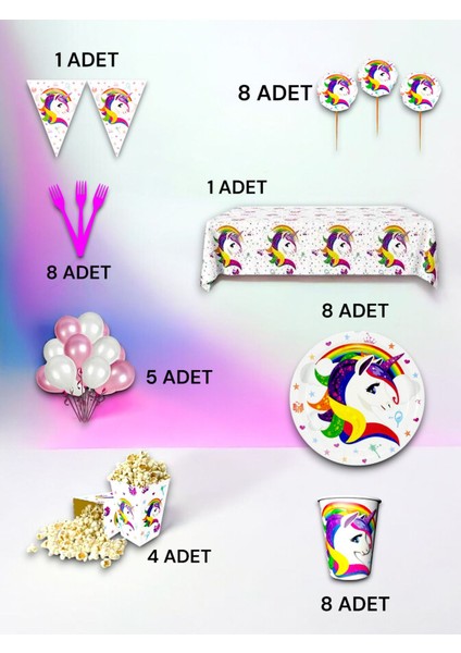 8 Kişilik Unicorn Temalı Lü x Set - Doğum Günü Parti ve Eğlenceli Etkinlikler
