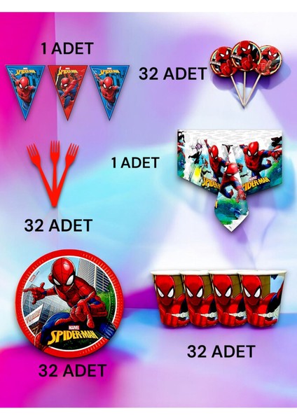 32 Kişilik Spiderman Temalı Premium Set - Doğum Günü Parti ve Eğlenceli Etkinlikler