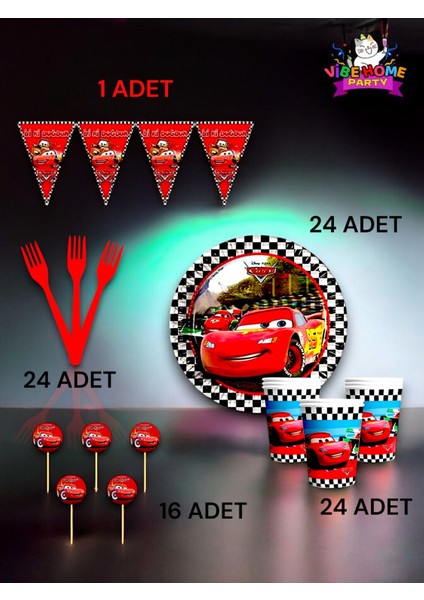 24 Kişilik Cars Temalı Eko Set - Doğum Günü Parti ve Eğlenceli Etkinlikler