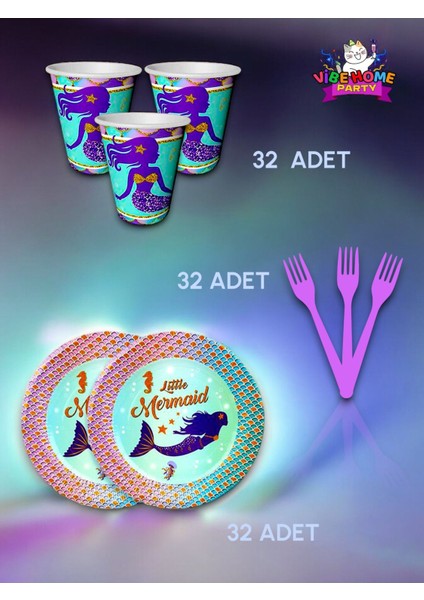 32 Kişilik Deniz Kızı Temalı Süper Eko Seti - Doğum Günü Parti ve Eğlenceli Etkinlikler