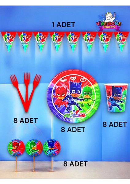 8 Kişilik Pijamask Temalı Eko Set - Doğum Günü Parti ve Eğlenceli Etkinlikler