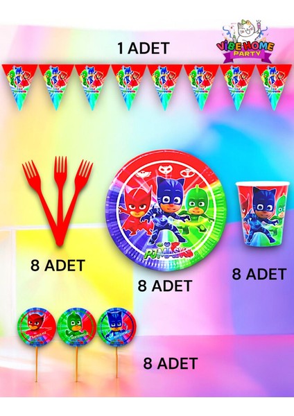 8 Kişilik Pijamask Temalı Eko Set - Doğum Günü Parti ve Eğlenceli Etkinlikler