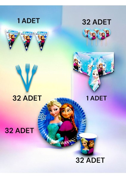32 Kişilik Frozen Temalı Premium Set - Doğum Günü Parti ve Eğlenceli Etkinlikler