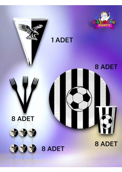 8 Kişilik Siyah Beyaz Taraftar Eko Set - Doğum Günü Parti ve Eğlenceli Etkinlikler