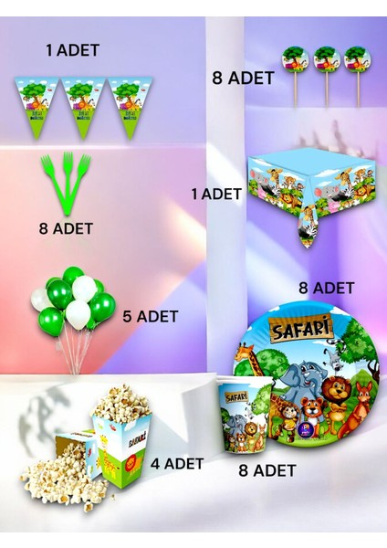 8 Kişilik Safari Temalı Lüx Set - Doğum Günü Parti ve Eğlenceli Etkinlikler