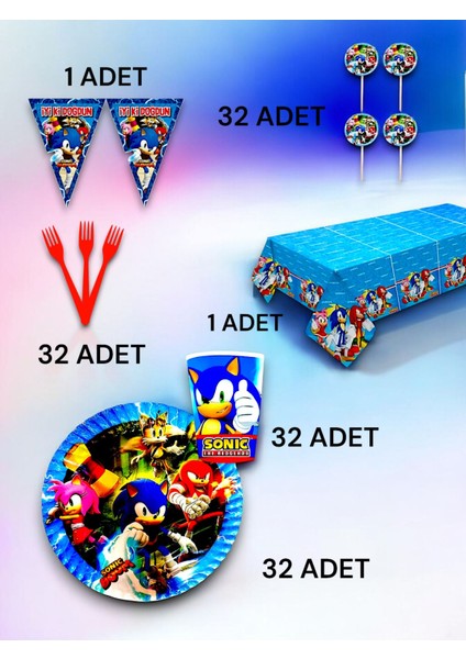 32 Kişilik Sonic Temalı Premium Set - Doğum Günü Parti ve Eğlenceli Etkinlikler