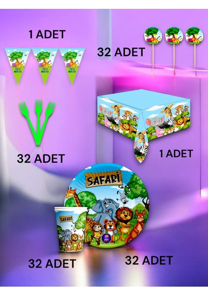 32 Kişilik Safari Temalı Premium Set - Doğum Günü Parti ve Eğlenceli Etkinlikler