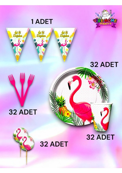 32 Kişilik Flamingo Temalı Eko Set - Doğum Günü Parti ve Eğlenceli Etkinlikler