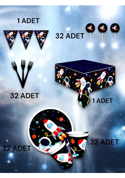 32 Kişilik Uzay Temalı Premium Set - Doğum Günü Parti ve Eğlenceli Etkinlikler