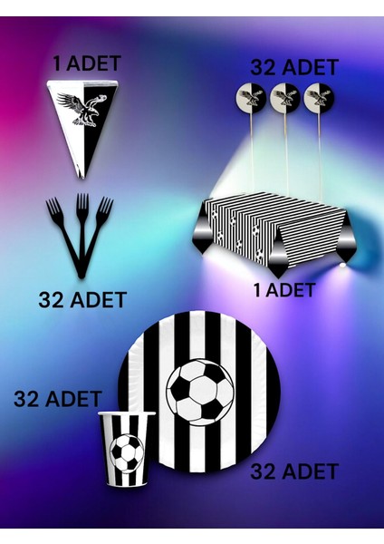 32 Kişilik Siyah Beyaz Taraftar Premium Set - Doğum Günü Parti ve Eğlenceli Etkinlikler