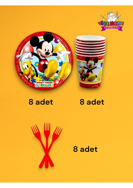 8 Kişilik Mickey Mouse Temalı Süper Eko Seti - Doğum Günü Parti ve Eğlenceli Etkinlikler Için